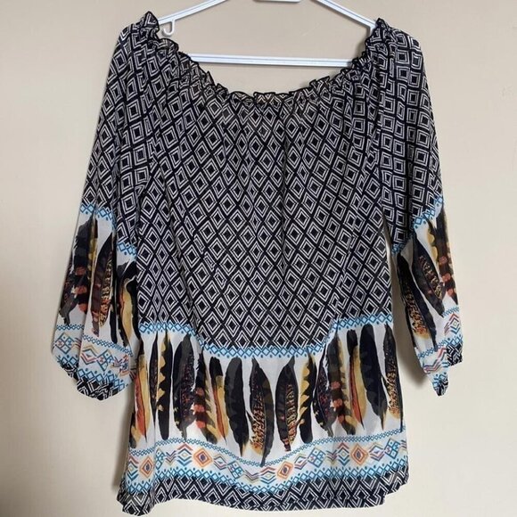 Tchibo Boho Print Peasant Top Sz 42 Feather Hem Tribal Pattern - Picture 5 of 8